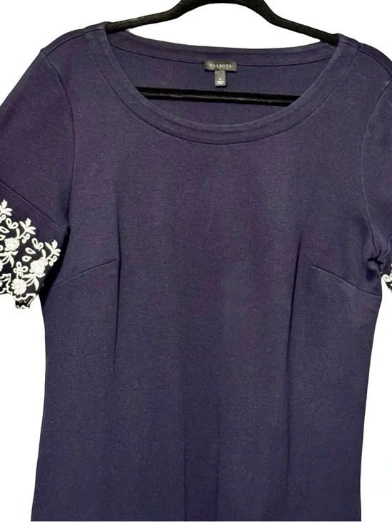 Talbots Embroidered Scalloped Sleeve Navy Blue Shift Dress Large - Picture 3 of 7